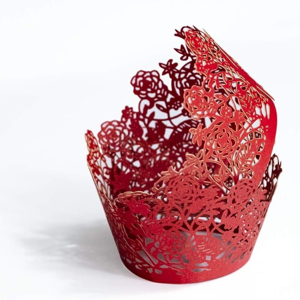 60pcs Red Rose Lace Cupcake Wrappers Holders, Laser Cut Cupcake Liners Decorativ